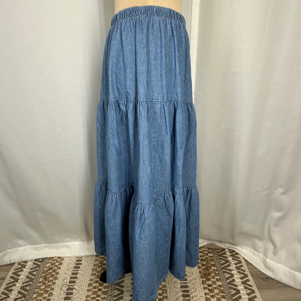 Vintage Blues Tiered Denim Maxi Skirt Elastic Waist Sz M/L Western Prairie READ - Picture 6 of 8
